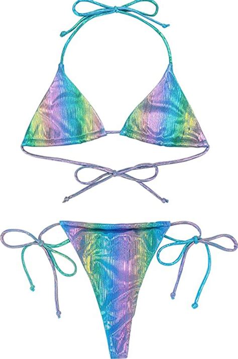 SHEKINI Women Metallic Triangle Bikini Set Halter String 2 Piece