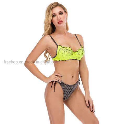 Mature Women Sexy Contrast Color Wavy Edge With Glitter Rhinestones Bikini Neon Swimwear Sexy
