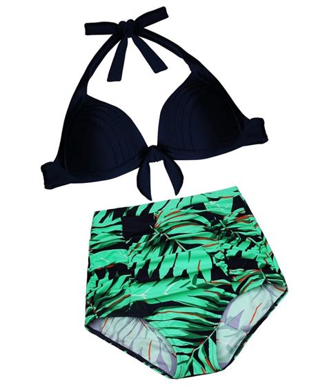 Women Ruched High Waisted Bikini Halter Two Piece Swimsuits Bathing
