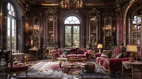 opulent antique mansion interior  ornate furnishings  regal