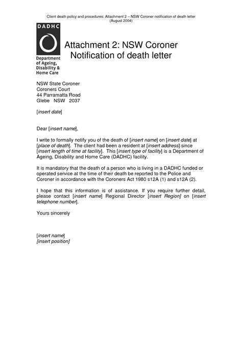 Notification Of Death Letter Template