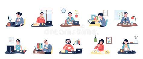 Workers Eat At Workplace Office Employees With Fast Food Eating Pizza