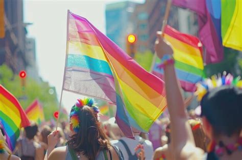 Los Espectadores Del Orgullo Gay Llevan Banderas Gays Del Arco Iris Durante La Marcha Del