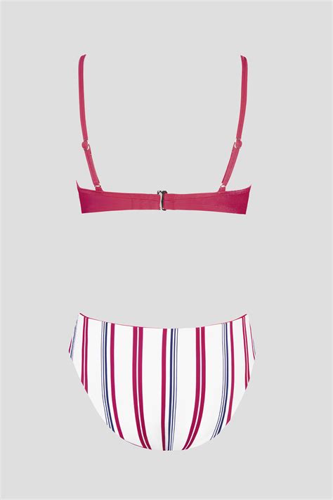 Cerise Stripes Twist Front Underwire Top Reversible Bikini Set