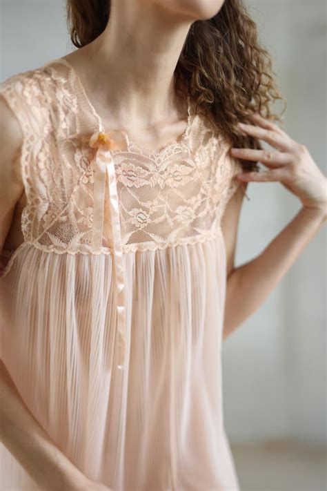 Vintage Peach Pink Micro Pleated Lace Lingerie Night Gown Slip Dress Etsy