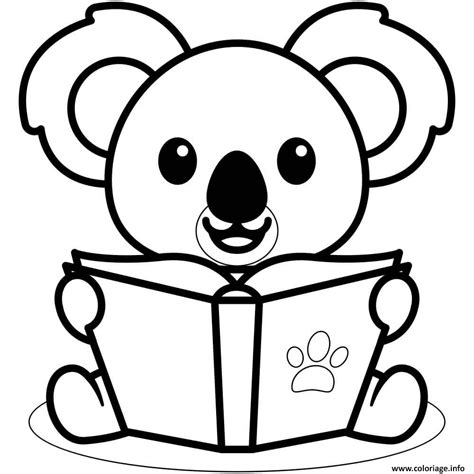 Coloriage Koala Aime La Lecture Livre Animaux Dessin Koala à imprimer