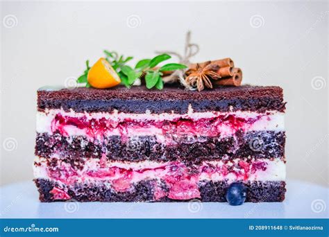 Chocolate Naked Cake With Cream And Cherry Cut Stock Photo Image Of Berries Dish 208911648