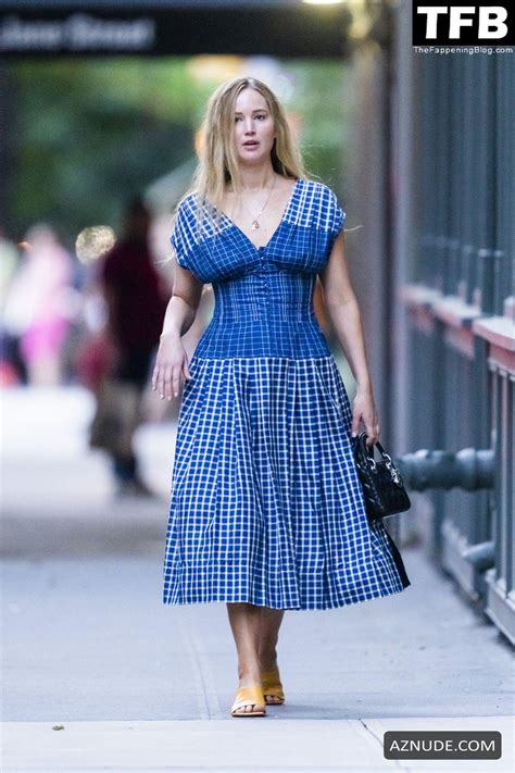 Jennifer Lawrence Sexy Seen Flaunting Her Hot Tits In A Flowy Blue Dress Outside A Cafe In New