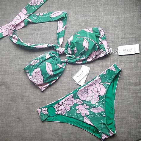 Milly Swim Milly Cabana Luxury Pink And Green Floral Halter Bikini Resort Cheeky Large Nwt