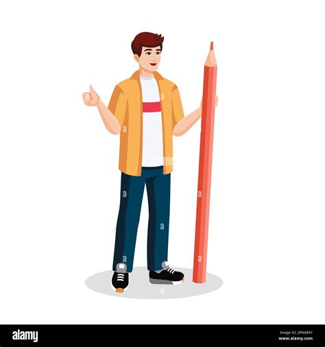 Flat student standing with pencil. Boy with huge pencil showing thumb ...