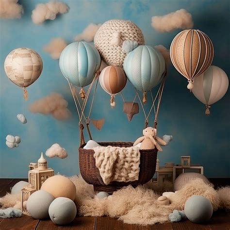 Newborn Digital Backdrop Hot Air Balloon Digital Backdrop For Babies Blues And Beiges Floating