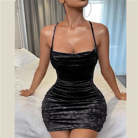 Sexy Black Canary Velvet Backless Babydoll Sleepwear Mini Dress Lingerie N