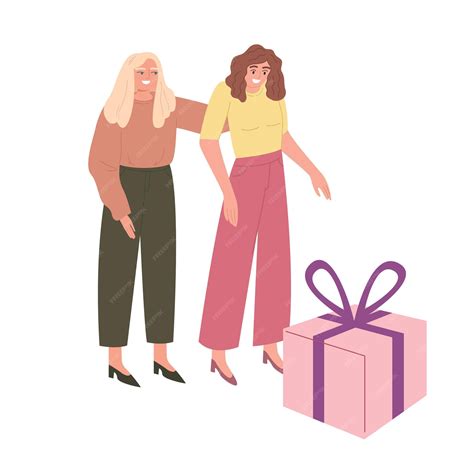 La mujer está feliz por la sorpresa Una mujer le da un regalo a una