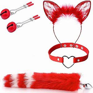 Plug Anal Cauda Tiara Coleira Prendedor Mamilos Máscara Fantasia Kit Fox Lust of Love