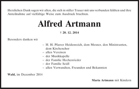 Traueranzeigen Von Wald Alfred Artmann Mittelbayerische Trauer