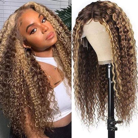 SevenWigs Honey Blonde Highlight Piano Color By Lace Front Wigs Long Curly Human Hair Wigs
