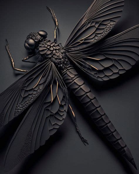 A Black Dragonfly Sitting On Top Of A Dark Surface With Its Wings