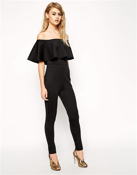 Asos Scuba Jumpsuit With Off Shoulder Ruffle In Black Lyst