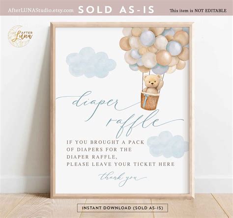 Boy Teddy Bear Hot Air Balloon Diaper Raffle Sign Baby Shower Etsy