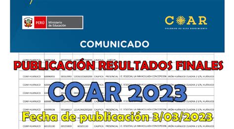 RESULTADOS FINALES COAR 2023 PUBLICACIÓN de resultados segunda