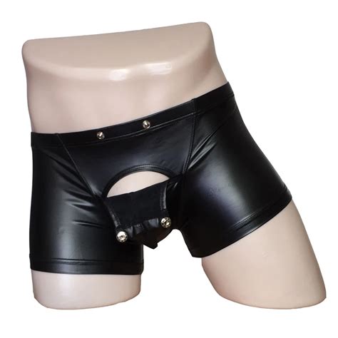Men Faux Leather Wet Look Boxer Brief Detachable Bulge Pouch Shorts Underwear Lingerie