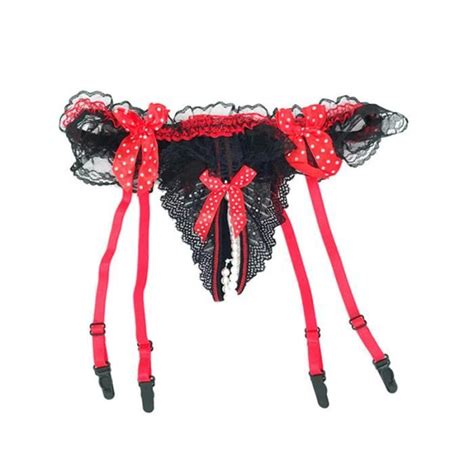 Rouge sans bas Lingerie sexy en dentelle à volants pour femmes Jarretelles à nœud papillon