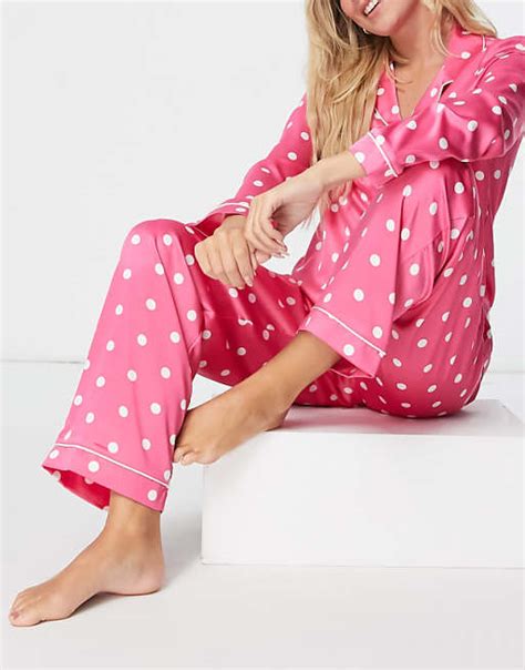 Chelsea Peers Premium Satin Spot Printed Long Revere Pyjama Set In Pink