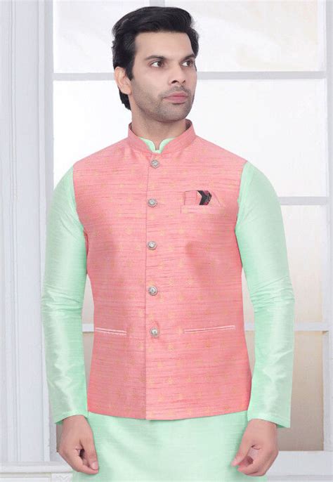 Buy Woven Art Silk Jacquard Nehru Jacket In Pink Online Mhg