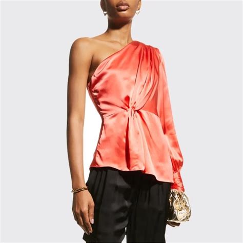 Cinq A Sept Tops Cinq A Sept One Shoulder Satin Silk Neon Coral