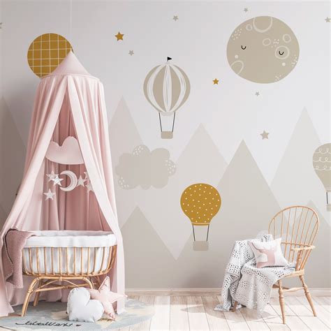 Neutral Orange Hot Air Balloon Nursery Wallpaper Nursery Decor DIY Wall Art Mural Etsy