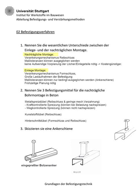 Fragen zur VL Grundlagen Befestigungsverfahren Institut für