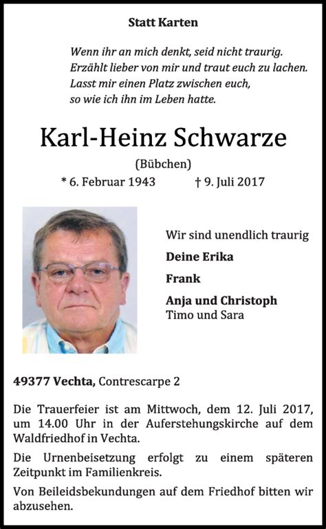 Traueranzeigen Von Karl Heinz Schwarze Om Trauer De