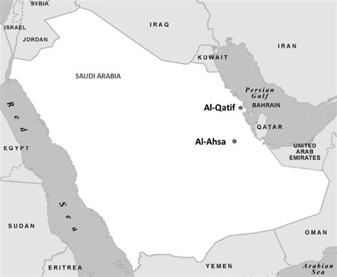 Map of Saudi Arabia showing the locations of Al-Ahsa and Al-Qatif ...