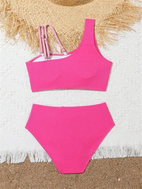 SHEIN Chicas Bañador bikini de color combinado de cuello asimétrico fruncido Moda de Mujer