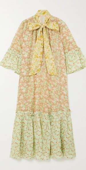 YVONNE S Angelica Pussy Bow Tiered Printed Linen Maxi Dress