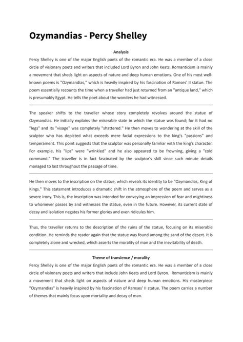 Percy Bysshe Shelley Ozymandias Study Guide