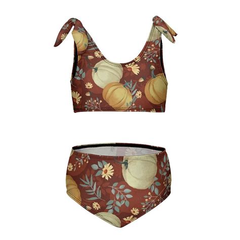 Autumn Pumpkins Maroon Background Girl S Piece Bikini Set Beach Sport Swimsuit Swimwear Y