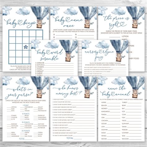 Bear Hot Air Balloon Baby Shower Game Package Printable Blue Bear Baby Shower Games Party Pack