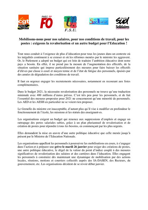 FNEC FP FO CommunIqué intersyndical national Mobilisons nous pour