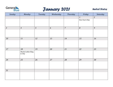 United States January 2021 Calendar With Holidays