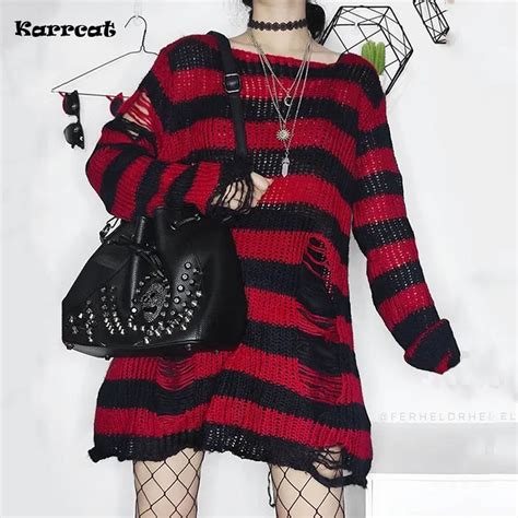 Karrcat Grunge Harajuku Striped Knit Sweater Women Y K Streetwear Hole