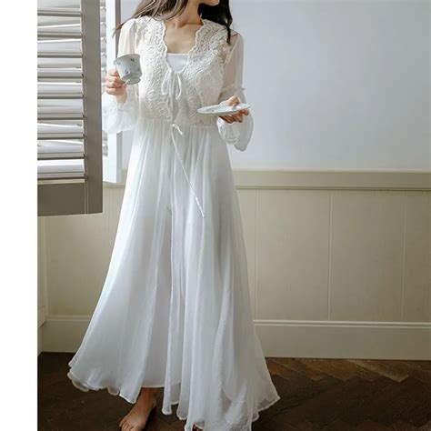 Women White Long Morning Robe Princess Two Pieces Lace Nightgown Gauze