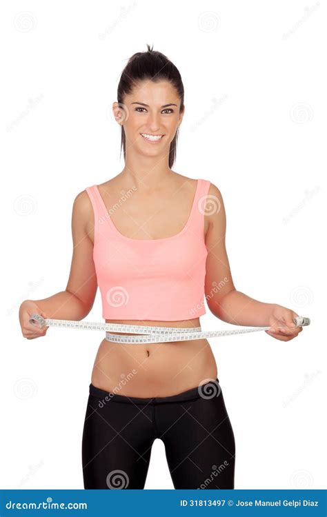 Λεπτό κορίτσι Brunette με ένα μέτρο ταινιών Στοκ Εικόνα εικόνα από bodybuilders bellowing