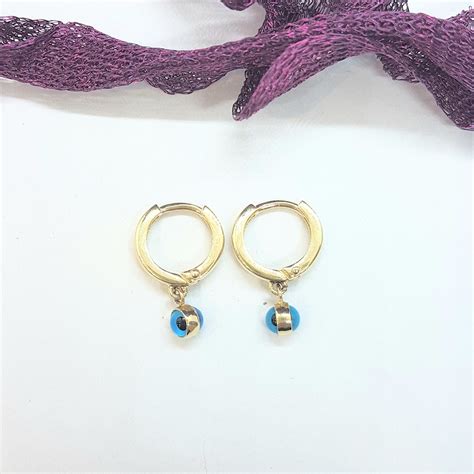 K Real Solid Gold Two Sided Evil Eye Dangle Drop Hoops Etsy