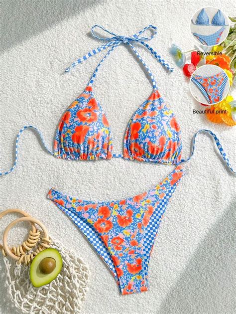 Swim Mod Women S Summer Floral Print Halter Tie String Sexy Bikini Two Pieces Swimsuit Set