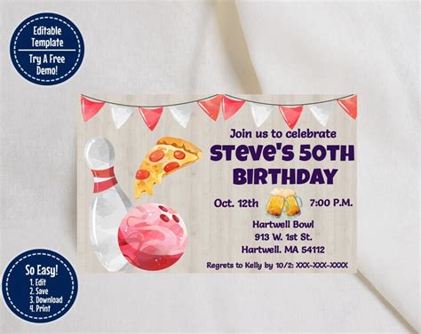 Printable Adult Bowling Birthday Invite Editable Invitation Etsy