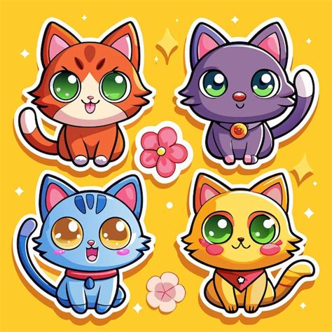 Four Cute Cartoon Cats With Big Eyes In Different Colors With Pink