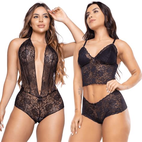 Kit Sexy Conjunto e Body de Renda Lingerie Moda Íntima Top Calcinha Caleçon Calesson Espera