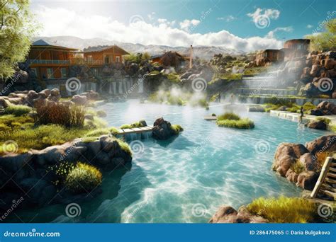 Natural Spa Resorts Vector Illustration Set Cartoon Flat Hot Springs Collection With People