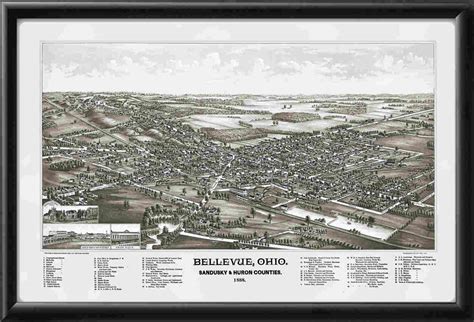 Vintage City Maps - Bird's Eye View of Bellevue, Ohio 1888